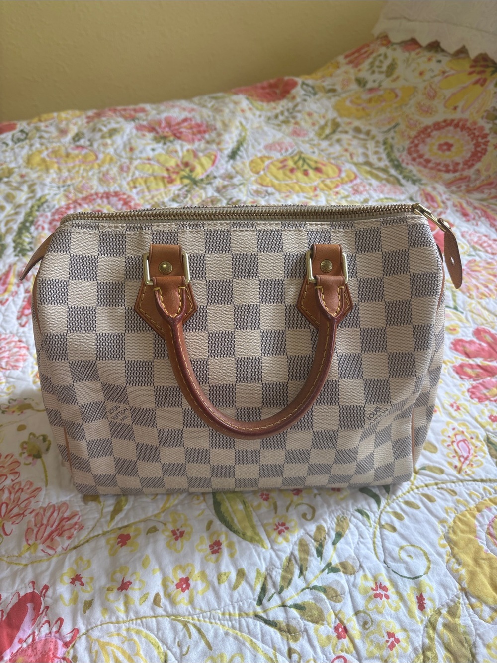 Louis Vuitton Damier Azur Satchel with Tan Leather Handles. Speedy 25.